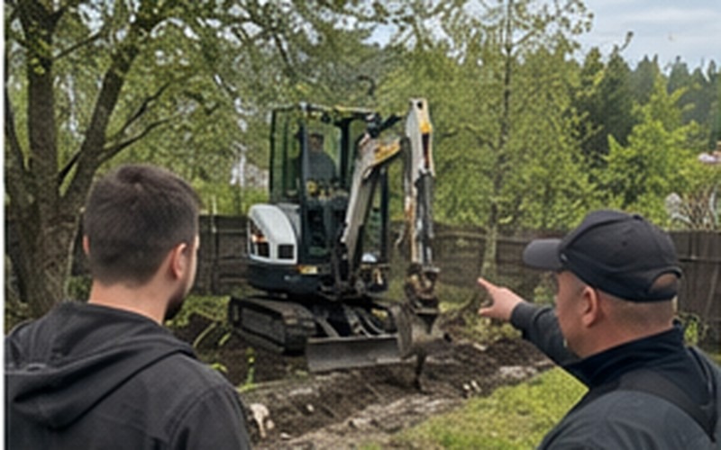 Operators un klients objektā apspriež plānoto tranšejas vietu
